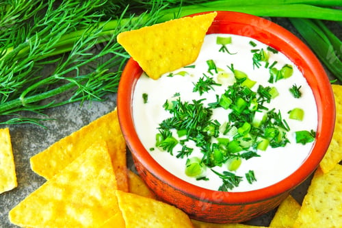 Preview: Chips Nachos With Sour Cream Sauce And Greens.