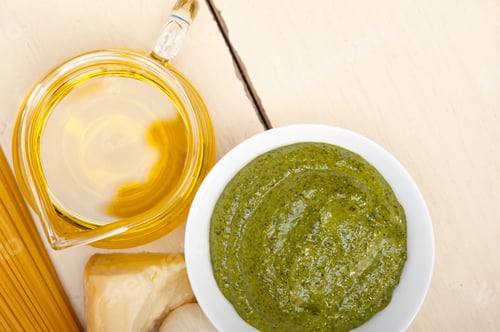 Preview: Italian Traditional Basil Pesto Pasta Ingredients Parmesan Cheese Pine Nuts Extra Virgin Olive Oil