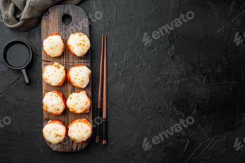 Preview: Baked Sushi Maki Rolls With Salmon, Crab, Cucumber, Avocado, Flying Fish Roe And Spicy Sauce Set