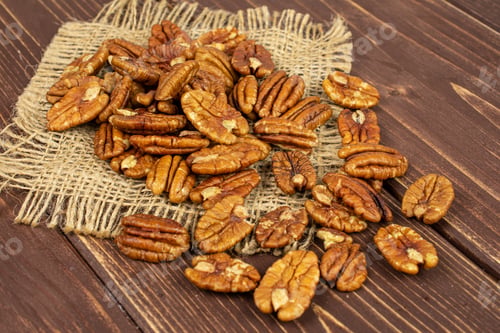 Preview: Lot Of Whole Dry Brown Pecan Nut On Natural Sackcloth On Brown Wood