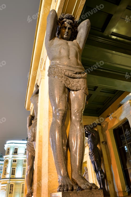 Preview: Building Of New Hermitage With Statues Of Atlanteans In Center Of St.Petersburg At Night, Russia.