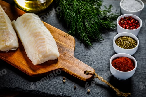 Preview: Fresh Raw Cod With Herbs Served On Black Stone On Wooden Table