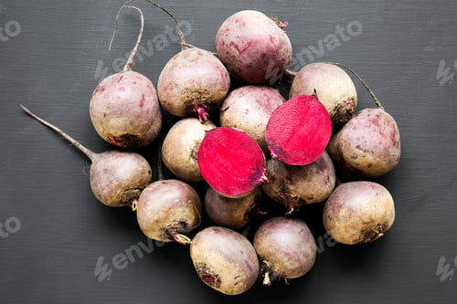 Preview: Red Beetroot On Black Background, Top View.
