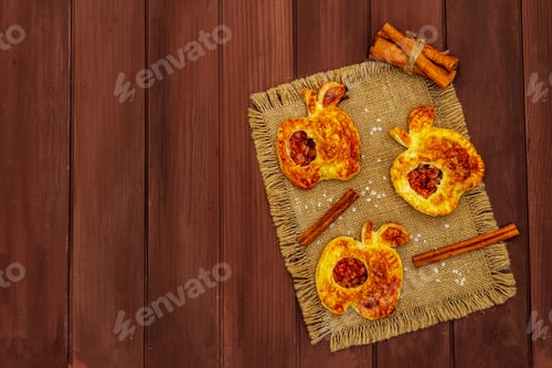 Preview: Homemade Delicious Apple Dessert. Fresh Sweet Bakery, Portioned Puffs. Fragrant Cinnamon Sticks