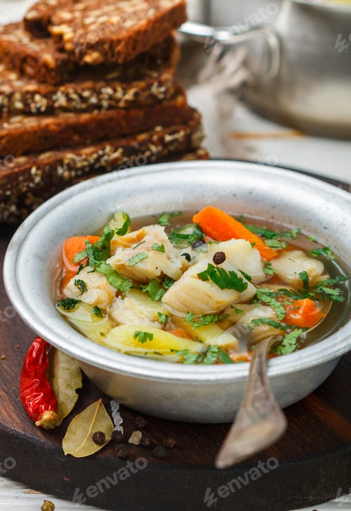 Preview: Fresh White Fish Soup With Carrots, Potatoes, Onions, Herbs And Spices. Rustic Style. Selective