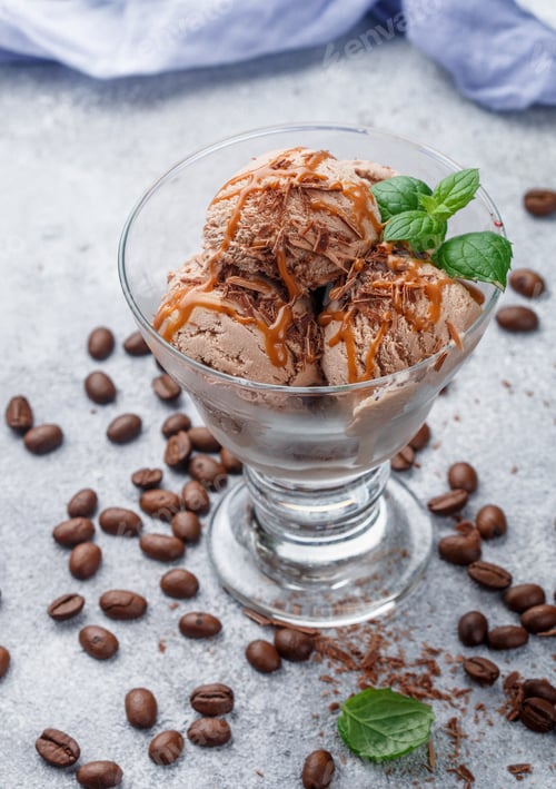 Preview: Homemade Chocolate Ice Cream With Caramel, Coffee And Mint. Refreshing Dessert For Gourmets