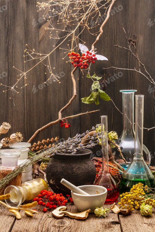 Preview: Witch'S Laboratory. Alchemical Equipment, Apothecary Treatment. Mortar And Pestle, Bottles