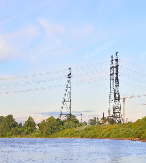 Preview: Power Line And Neva River At Evening On The Outskirts Of St. Petersburg, Russia.
