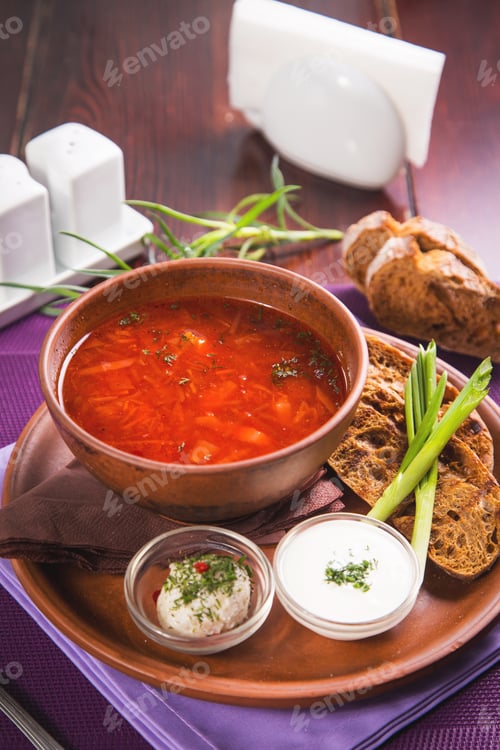 Preview: Ukrainian National Food-Borsch With Sour Cream And Green Onion