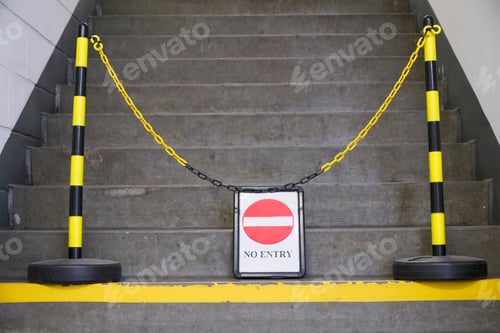 Preview: No Entry Sign And Yellow Chain In Front Of Stair Steps
