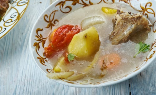 Preview: Sorpa Stew, Aromatic Meat Broth, Kazakh, Cuisine, Traditional Assorted Dishes Kazakhstan, Top View.