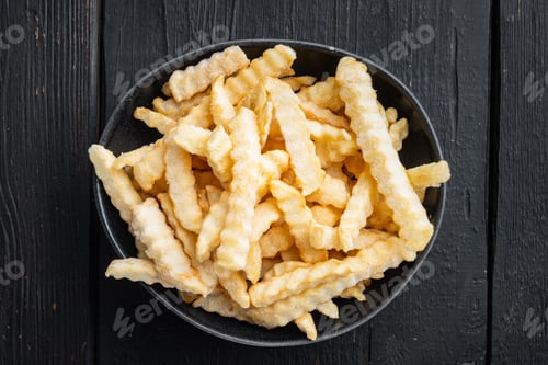 Preview: Frozen Fries, On Black Wooden Table Background, Top View Flat Lay