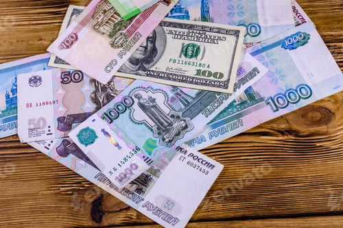 Preview: American One Hundred Dollars Banknote On Many Russian Rubles
