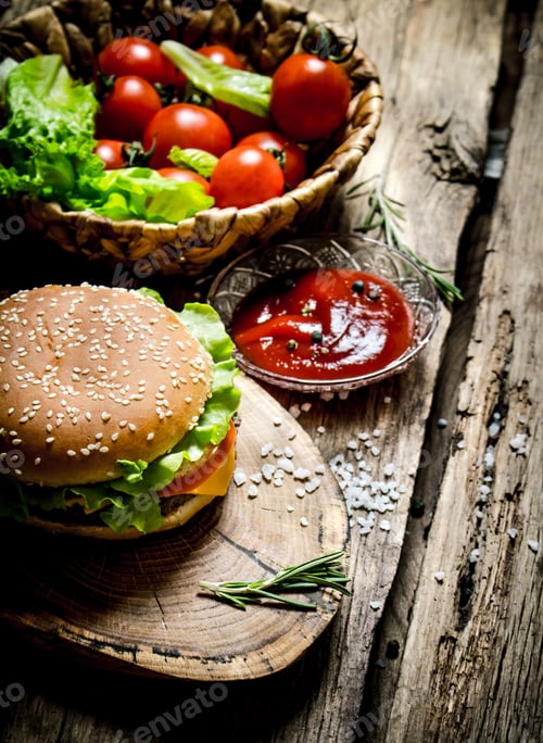 Preview: Tasty Hamburger With Sauce On A Wooden Board. On Wooden Background.