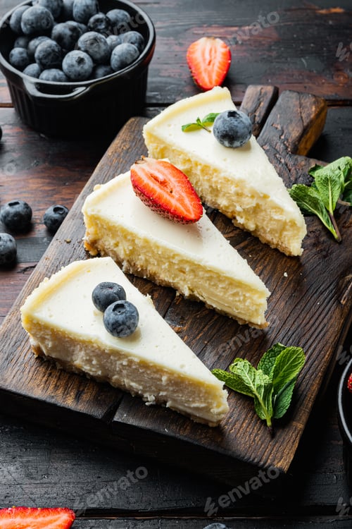Preview: New York Cheesecake Or Classic Cheesecake With Fresh Berrie, On Old Dark Wooden Table Background