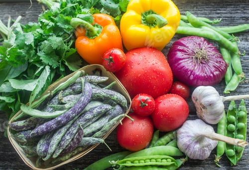 Preview: Fresh Vegetables From The Garden - Green Beans, Onions, Garlic, Tomatoes, Peppers, Cilantro
