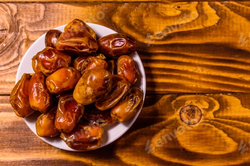 Preview: Date Fruits On Rustic Wooden Table. Top View