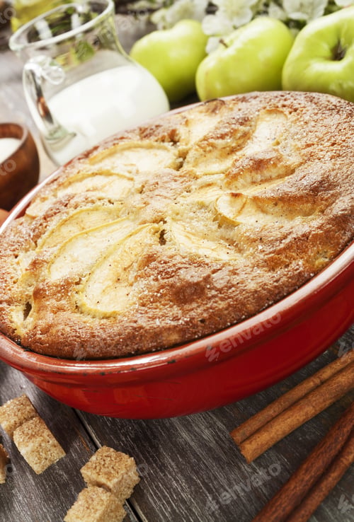 Preview: Apple Pie With Semolina And Cinnamon On The Table. Mannick