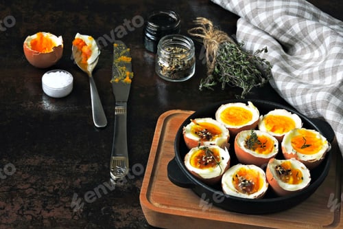 Preview: Soft-Boiled Eggs In The Shell In A Small Skillet. Useful Stylish Breakfast. Keto Breakfast.
