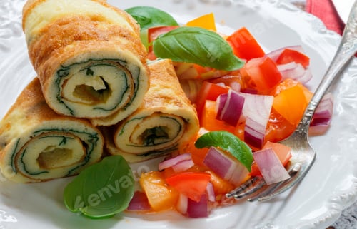 Preview: Traditional Breakfast. Omelette With Spinach And A Fresh Tomato Salad, Red Onion And Basil. Roll