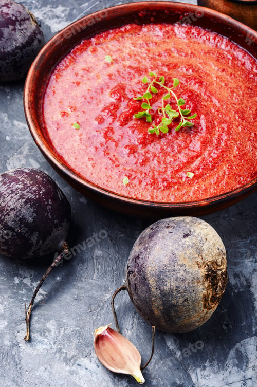 Preview: Beetroot Creamy Soup In Bowl.Traditional Ukrainian Russian Polish Beet Soup.