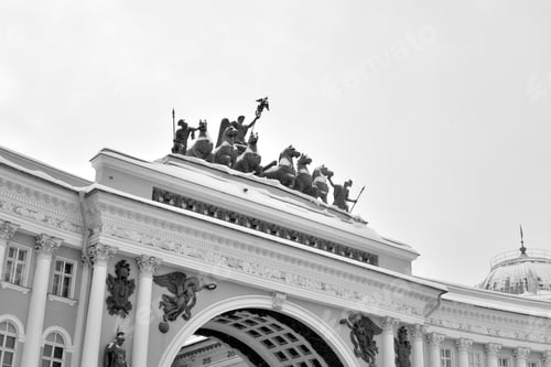 Preview: The Triumphal Chariot On Arch Of The General Staff In Saint Petersburg, Russia. Black And White.