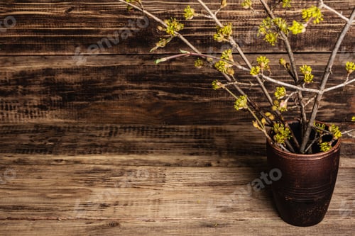 Preview: Blooming Twigs Of Dogwood In A Ceramic Vase On A Vintage Wooden Boards Background. Spring, Easter