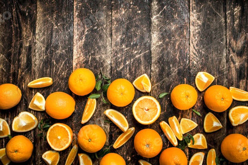 Preview: Fresh Oranges With Leaves. On A Wooden Background.