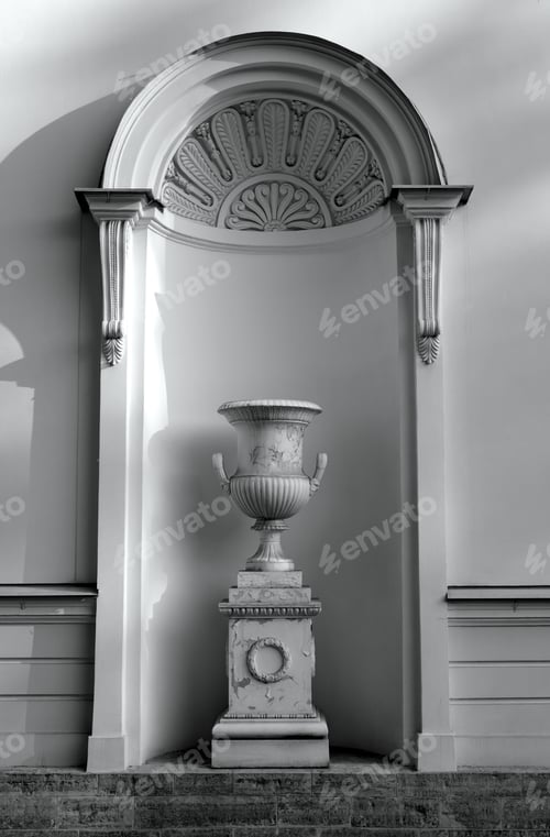 Preview: Fragment Of Yelagin Palace With Arch And Vase In St.Petersburg, Russia. Black And White.