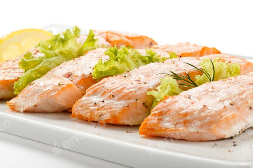 Preview: Salmon Steak with Greens on White Plate
