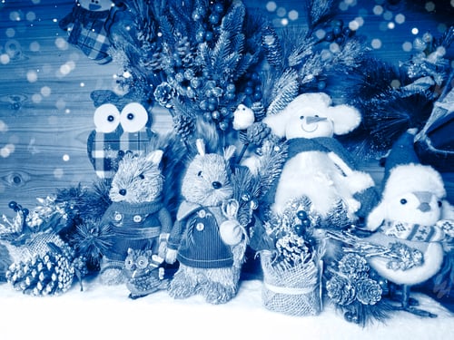 Preview: Winter Christmas Background With Snowman Squirrels Owl Birds Decor Snow On Blue Wooden Texture