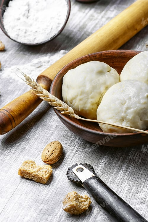 Preview: Preparing Bread Dough And Baking Ingredients On Light Background