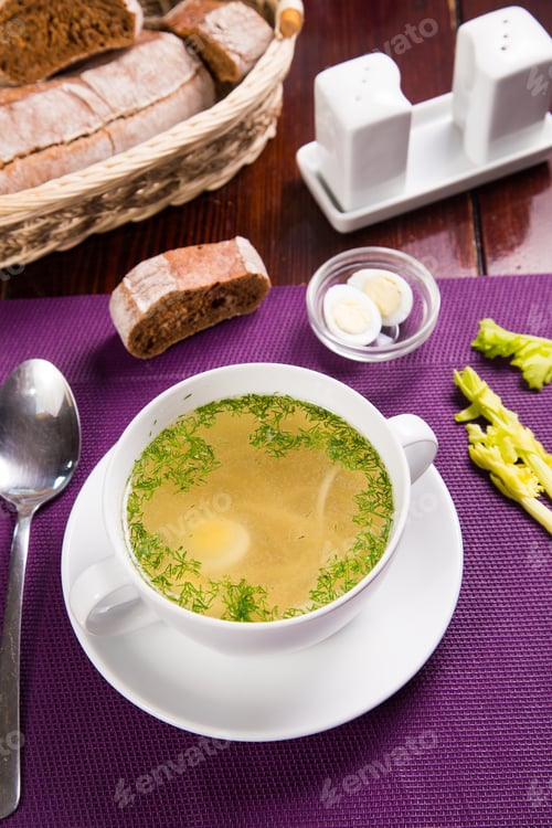 Preview: Hot Fresh Soup With Eggs And Dill In White Dish