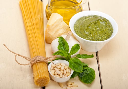 Preview: Italian Traditional Basil Pesto Pasta Ingredients Parmesan Cheese Pine Nuts Extra Virgin Olive Oil