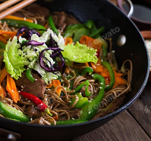 Preview: Soba Noodles With Beef, Carrots, Onions And Sweet Peppers