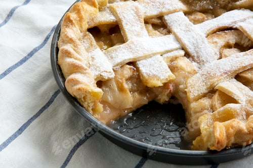 Preview: Home-Baked Apple Pie On Cloth, Side View. Closeup.