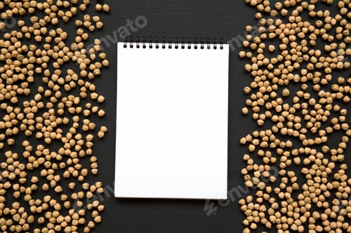 Preview: Dried Chickpeas With Notepad On A Black Background, Top View. Copy Space.