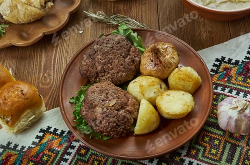 Preview: Sichenyky, Ukrainian Meat Patties , Ukrainian Cuisine, Traditional Assorted Dishes, Top View.