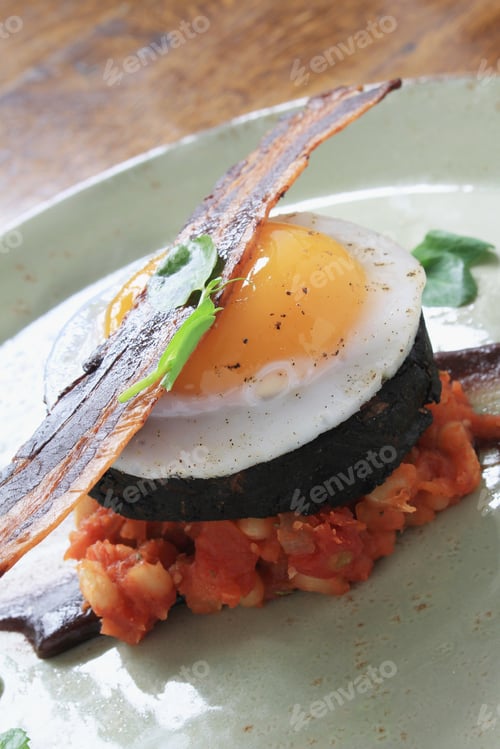 Preview: Bacon Egg Black Pudding Baked Beans Plated Meal