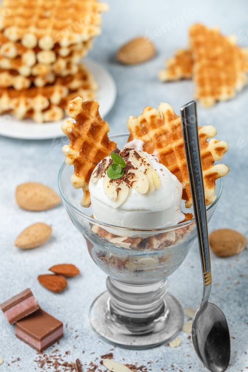Preview: Delicious Dessert Of Belgian Waffles, Ice Cream, Almonds, Chocolate And Mint. Gourmet Appetizer