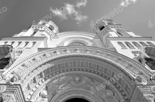 Preview: Naval Cathedral Of St. Nicholas The Wonderworker In Kronstadt, Russia. Black And White.