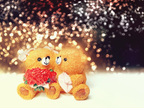 Preview: Love Wedding Greeting Card Composition With Hearts Gift Box Teddy Bears Fiancee Bride On Wooden