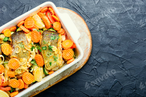 Preview: Baked Fish Steaks With Grilled Vegetables In Baking Dish.Delicious Healthy Grilled Fish