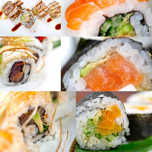 Preview: Selection Of Many Japanese Sushi Dish Collage Over White Frame