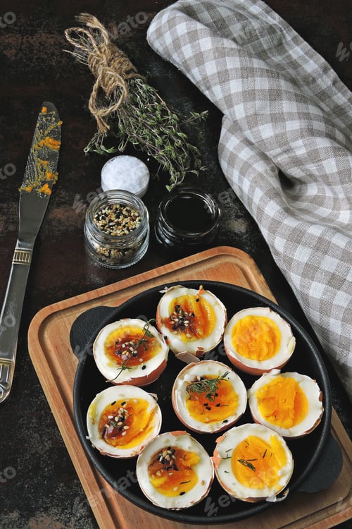 Preview: Soft-Boiled Eggs In The Shell In A Small Skillet. Useful Stylish Breakfast. Keto Breakfast.