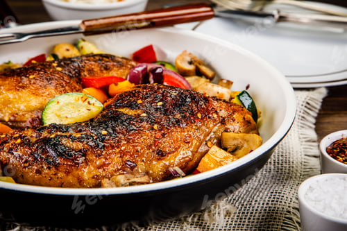 Preview: Roast Chicken Legs Served On Frying Pan