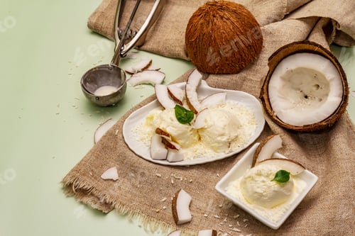 Preview: Lactose Free Coconut Ice Cream. Special Spoon, Halves Of Fruit, Flakes. Vegan Dessert Concept