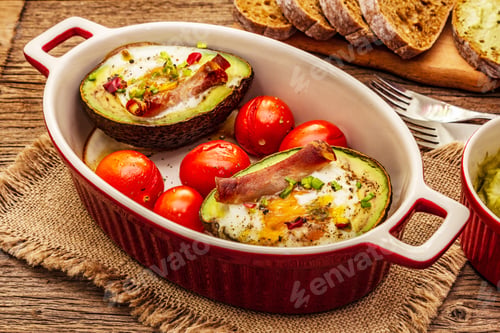 Preview: Sunny Morning Breakfast. Baked Eggs In Avocado Half, Bacon, Tomato Cherry, Spices. Healthy Food