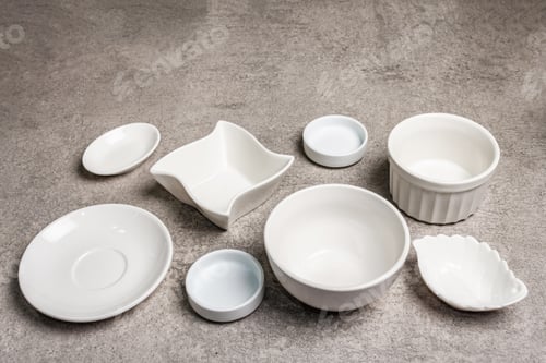 Preview: Assorted White Empty Bowls And Plates On A Stone Background. Different Ceramic Dishes And Kitchen