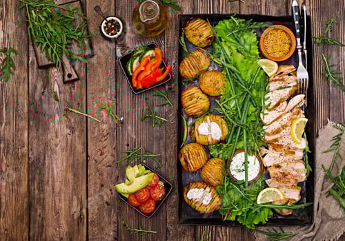 Preview: Chicken Fillet Cooked On A Grill With A Garnish Of Baked Potatoes. Dietary Meal. Healthy Food. Top